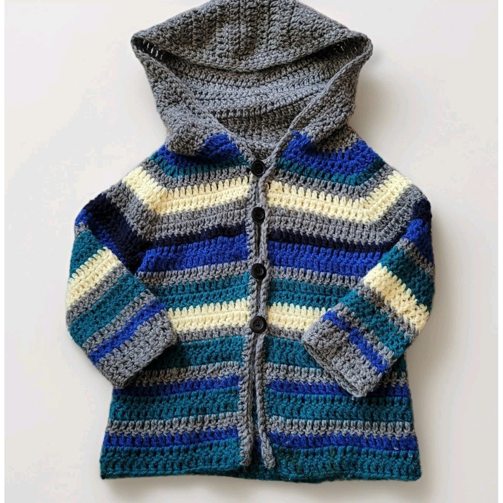 Handmade Crochet Hooded Striped Cardigan - Toddler Size 4T Cabincore Boho Unisex